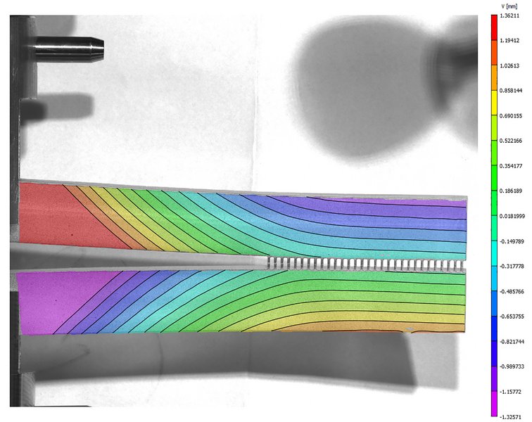 Test material during trials where the two ends (left) are slowly pulled in each direction. Using Digital Image Correlation movements are measured optically. The vertical movement of the test piece is thus shown with colored contour lines. Photo: Simon Hei